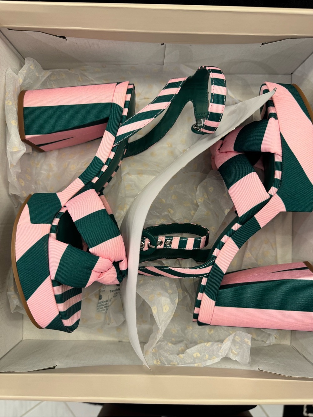 Copper Key Pink and Green Striped Bow Ankle-Strap Heels - Picture 7 of 8